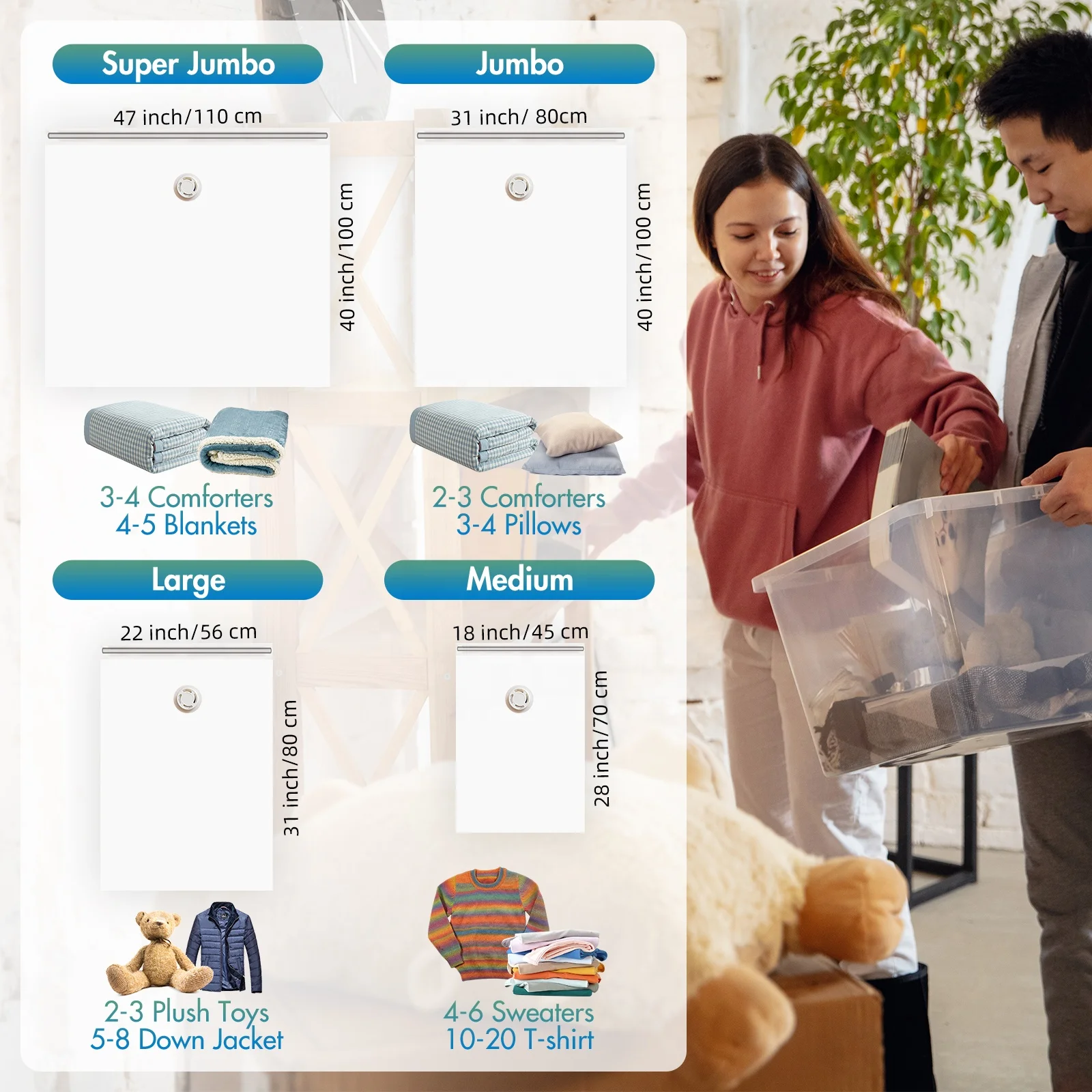 TAILI Flat Jumbo Extra Large Vacuum Plastic Zipper Sealer Compressed Storage Bags Comforter Space Saver Bags