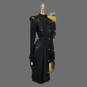 Black Tassel Rhinestone Children's Latin Dress Ballroom Dance Performance Costumes Girl Kids Skirts Stage Dance Costume