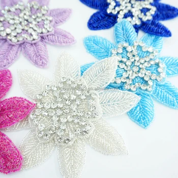 PE060 colorful rhinestone beaded flower patch handmade 3D flower patches big size