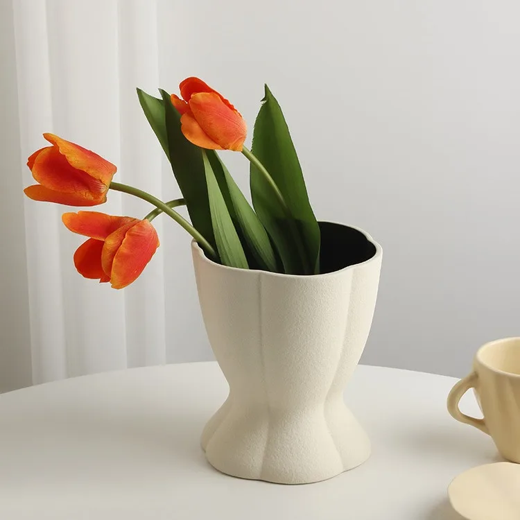 White Ceramic Vase with Textured Matte Finish Minimalist Modern Home Decor Living Room Flower Arrangement Tabletop Accent