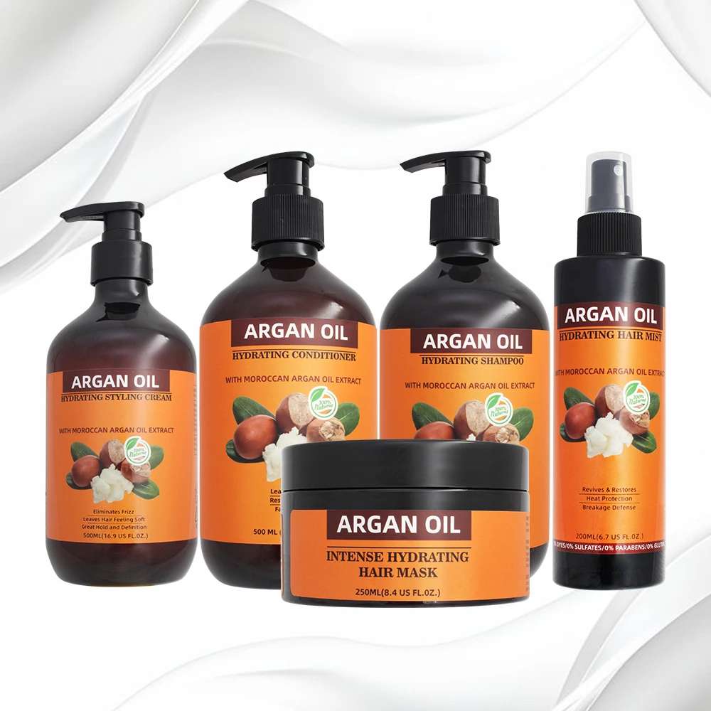 Set de regalo de aceite de argán para el cuidado del cabello de marca blanca champú reparador hidratante y mascarilla capilar para cabello dañado al por mayor