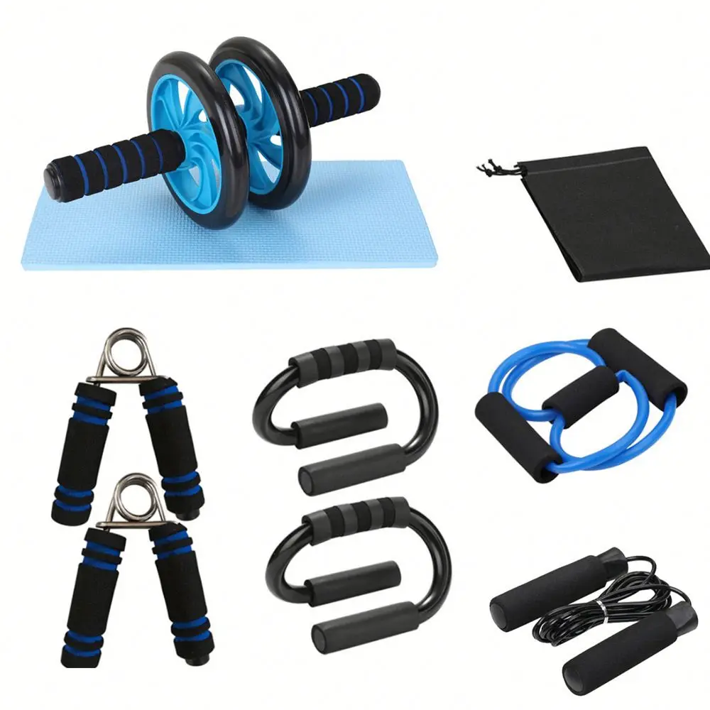 Abdominal Roller Wheel Kit with Push Bars Hand Gripper Jump Rope Knee Pad for Fitness Exercise Muscle Exercise Equipment