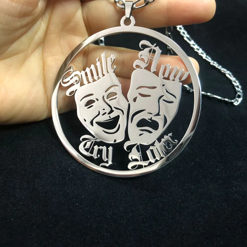 14K Gold Plated Silver Smile Now Cry Later Round Pendant 3mm Cuban Chain  Link Necklace