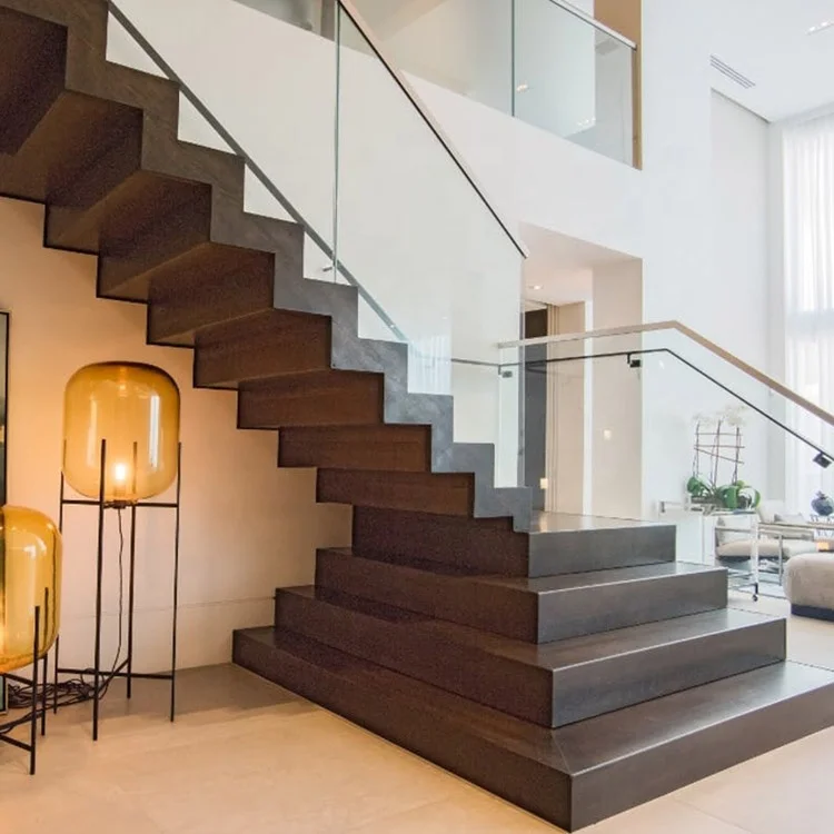 High Quality Zigzag Staircase with Tempered Glass Railing Design Indoor Stainless Double Stringers Stair