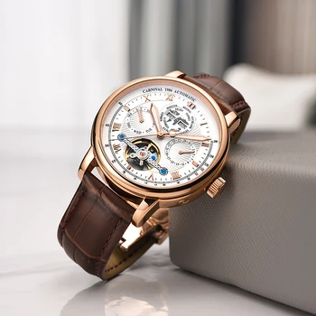CARNIVAL Brand Mens Sport Watch Luxury Tourbillon Date Function  Automatic Mechanical Wristwatches 50M Waterproof for Men