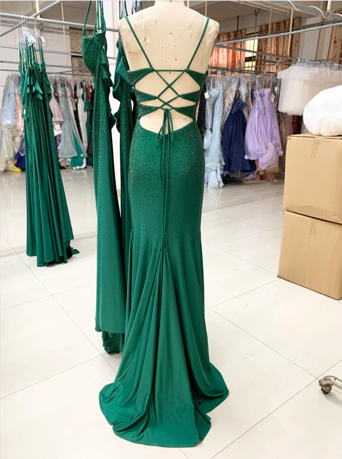 Emerald Green Satin Evening Dress Backless Cocktail Sleeveless Rhinestone V  Neck Stretch Jersey Fitted for Dinner Party Prom