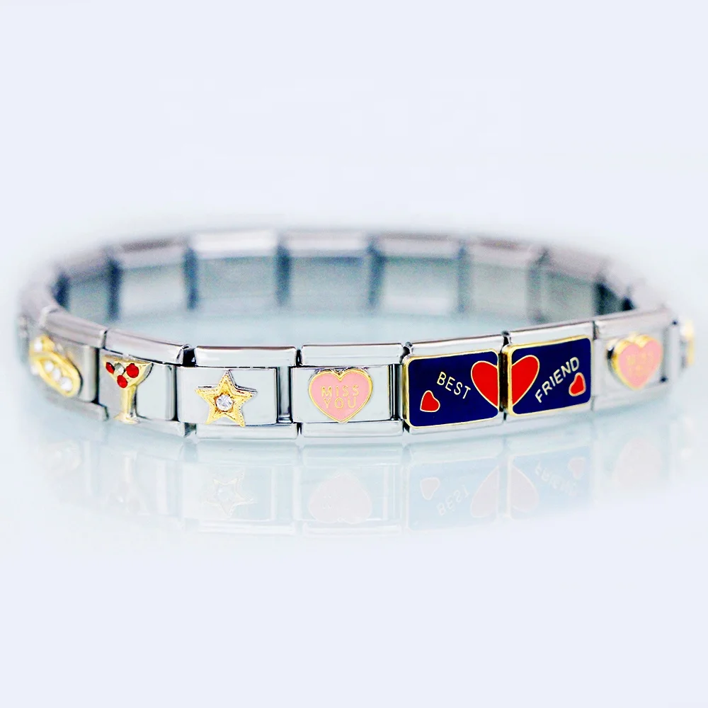 Stainless Steel 9MM Classic Custom Composable Links Gold Star Miss You Heart love Best Friend Italian Charm Bracelet