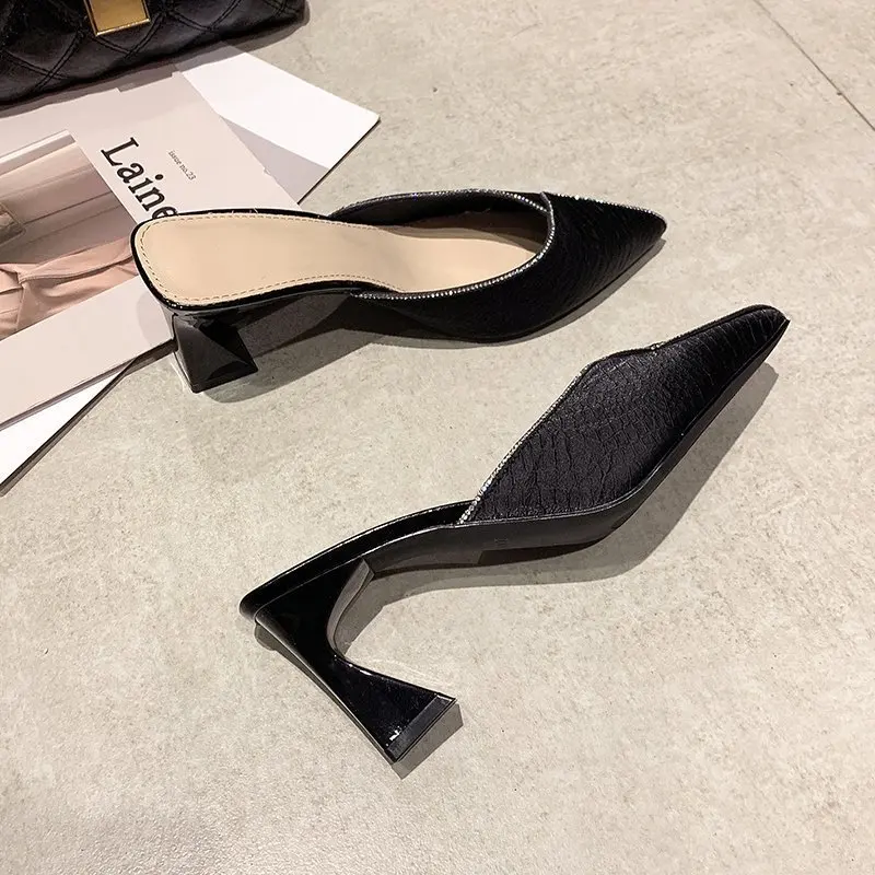 NEW Point Head Sandals with Diamond Summer Women's High-heeled Shoes with Thick Heels and Wrapped Half slippers