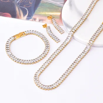 Nickel Free PVD Gold Plated 316L Stainless Steel Rainbow CZ Setting 6mm Tennis Chain Bracelet Necklace Earring Set for Ladies