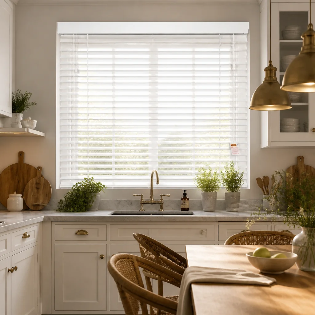 Venetian Blinds 50mm Horizontal White Ladder String Pull Cord Wood Custom Size Kitchen Bathroom Moisture Resistant UV Blocking