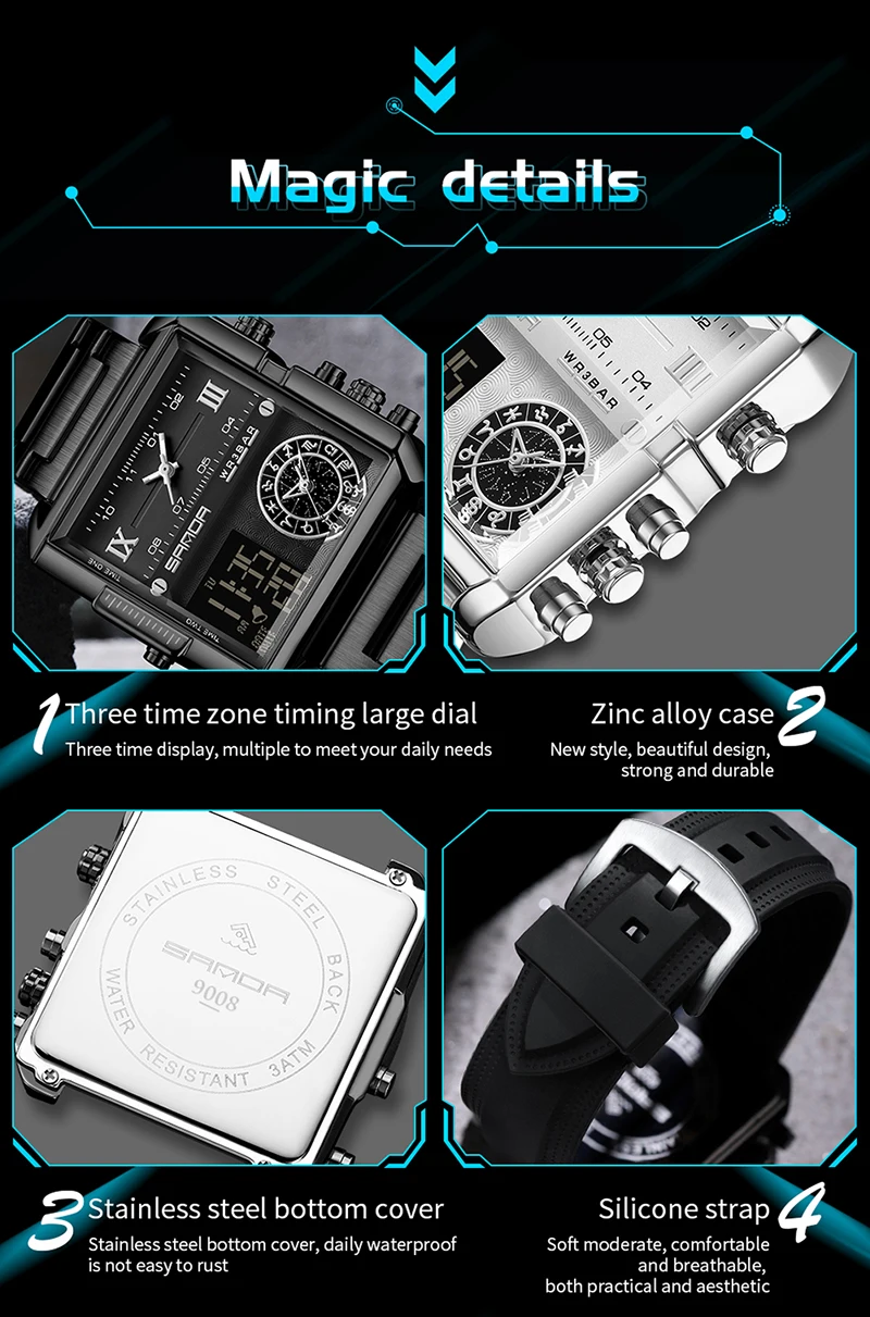 Sanda 9008 Multifunctional Luminous Waterproof Watch For Men