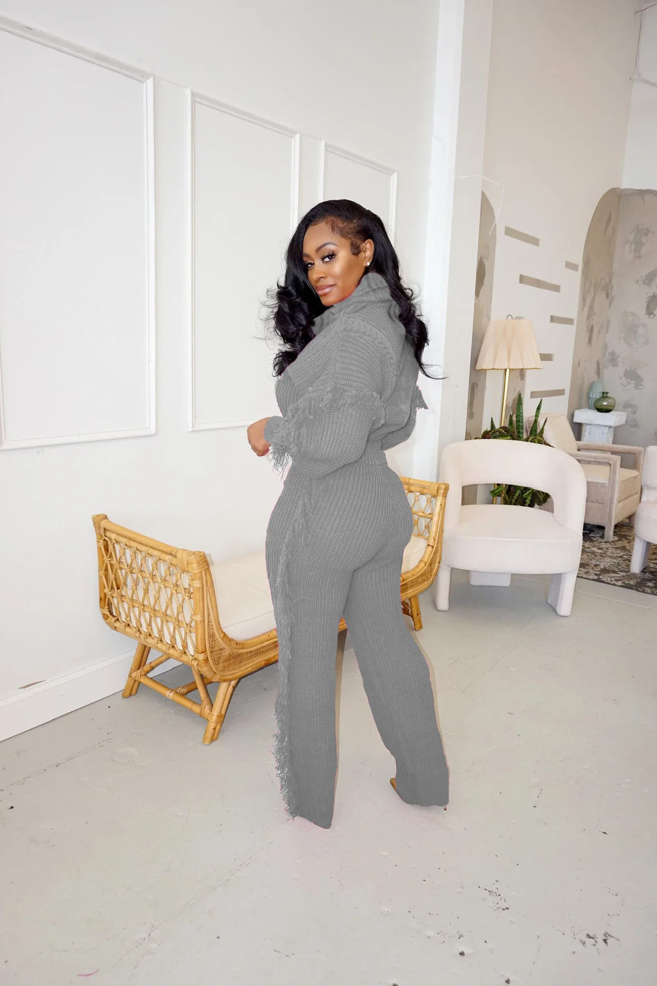 Winter Women's Turtleneck Tassel Knitted Set - Solid Color