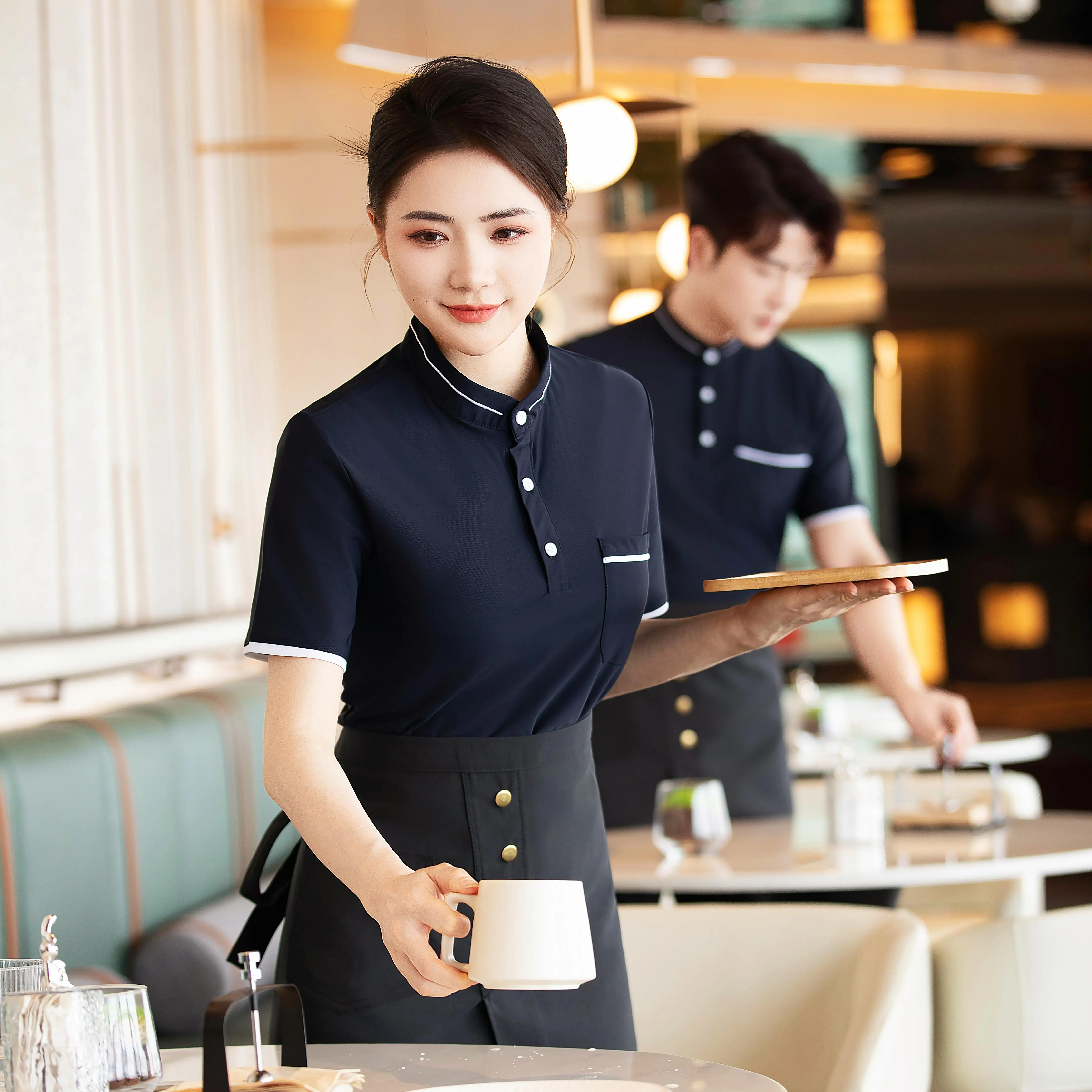 ladies waiter dress Classic Restaurant Uniform For 5 Stars Waiters Waitress Uniform lace homecoming dress