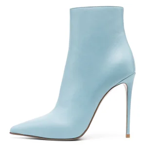 Designer Side Zipper Blue Sexy Ladies Stilettos Custom Logo Fashion Pu Leather Pointy Black High Heels Boots for Women Shoes