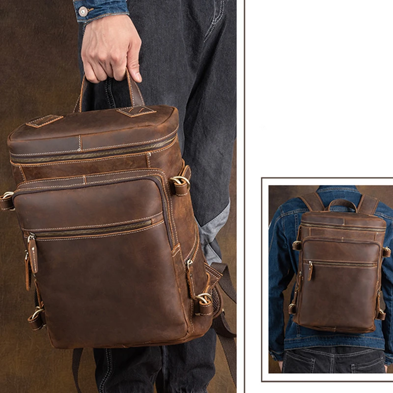 Large Capacity Luxury Hiking School Backpack Men Simple Crazy Horse