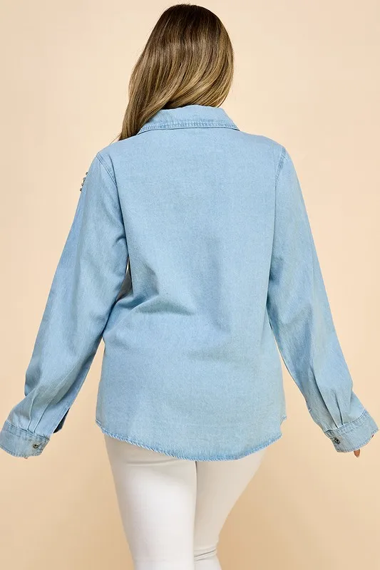 A Long-sleeved Denim Shirt With Lady
