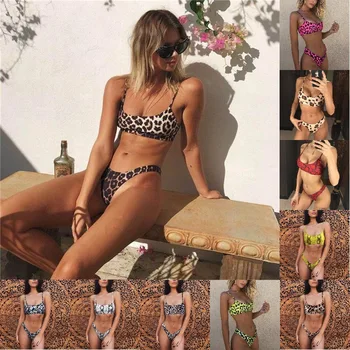 Sexy Leopard Print Snakeskin Swimsuits Women&#39;s 2 Pieces Bikini Female Push Up Sleeveless Bathing Suit
