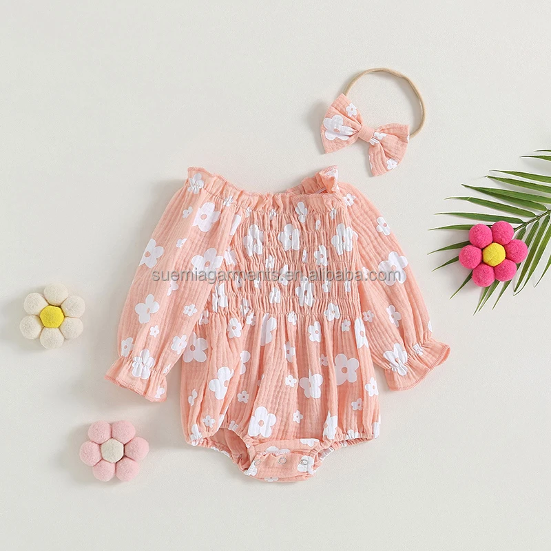 Infant Flower Print Long Bubbles Sleeve Ruffles Headband Girls Bodysuit
