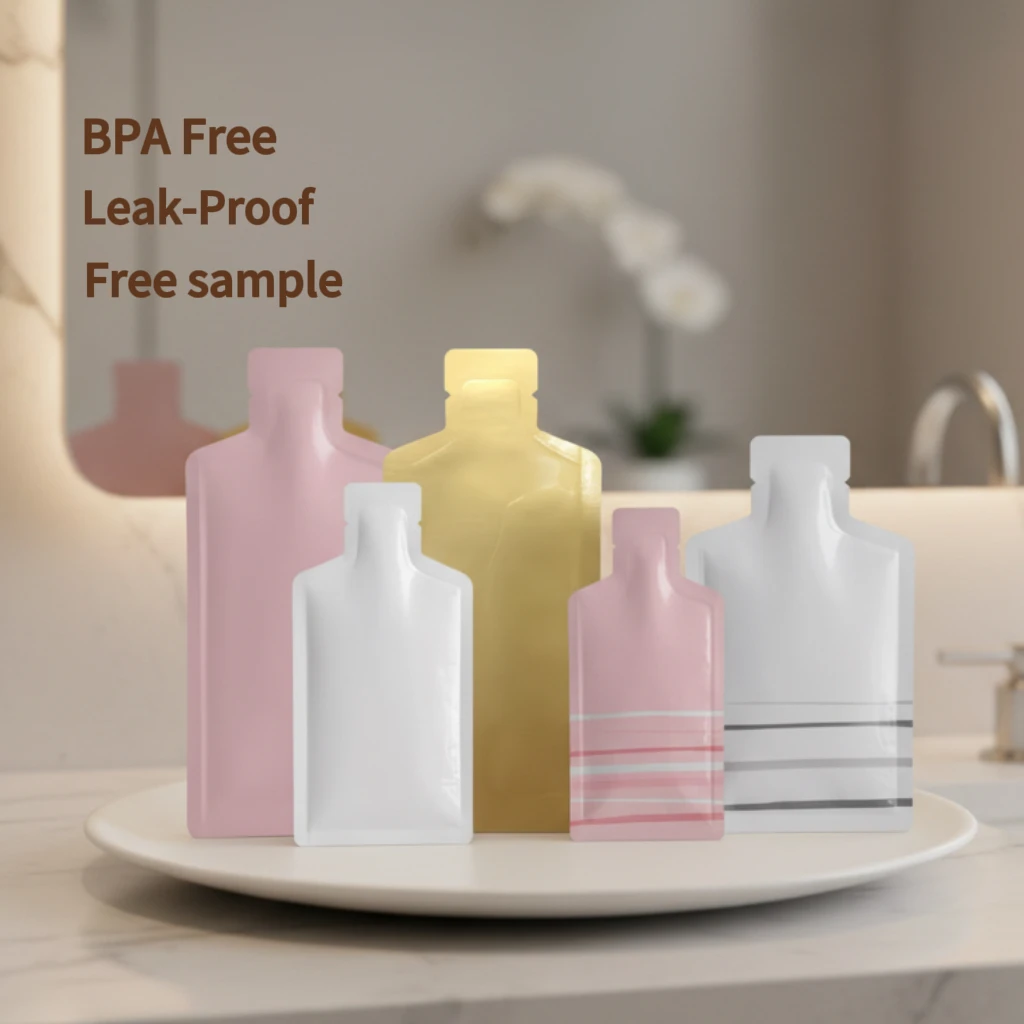Custom Printed Bottle Shaped Die-cut Pouch for Shampoo and Conditioner Matte Finish Cosmetic Sachet for Skincare Samples