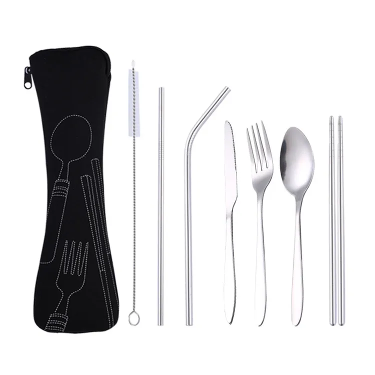 Reusable Utensils Set With Case Portable Travel Utensils Cutlery Set  Stainless Steel Flatware Set For Camping 8pcs Including Dinner Knife Fork  Spoon C