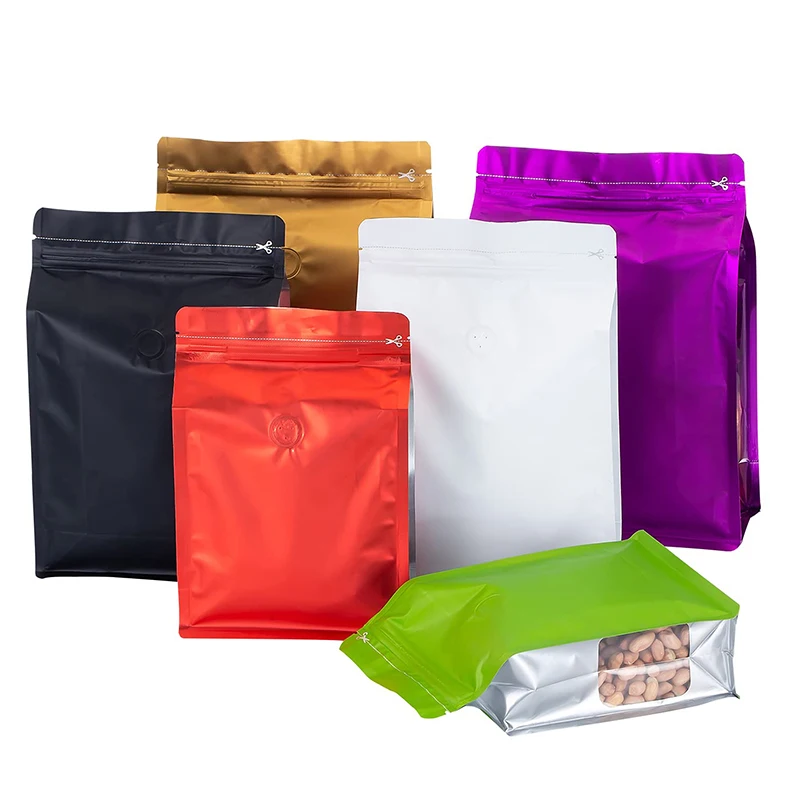 Plain Black Aluminum Foil Eight Side Sealed Gusset Ziplock Stand up Pouch Flat Bottom Coffee Bags With One Way Valve and Zipper
