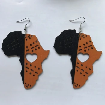 Fashion Black Queen Wood Africa Map Heart Earrings Hollow Out Afro Painting Wooden Map Earring For Party