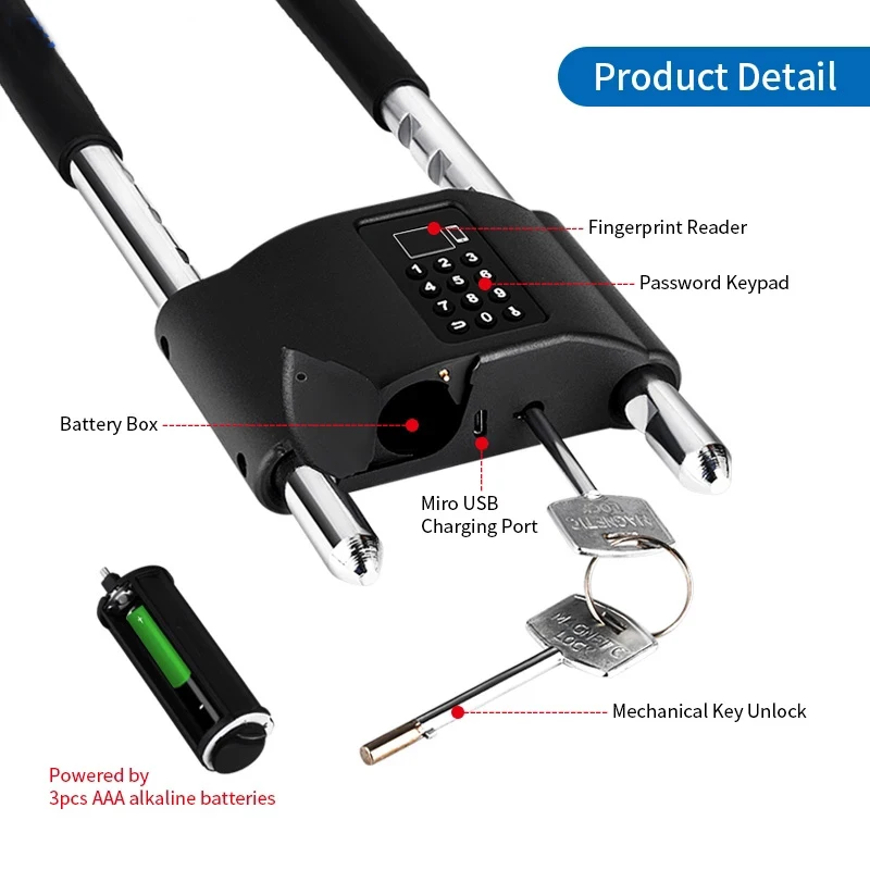 Electronic Smart U Shape Fingerprint Lock with Tuya APP Motorcycles Office Home Anti Theft Fingerprint Lock
