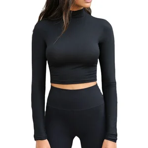 Young Ladies Girls in Stock Dropship Long Sleeve Elastane Crop Top Yoga Vest Bra Sports Wear Gym Fitness Workout Shirt for Women