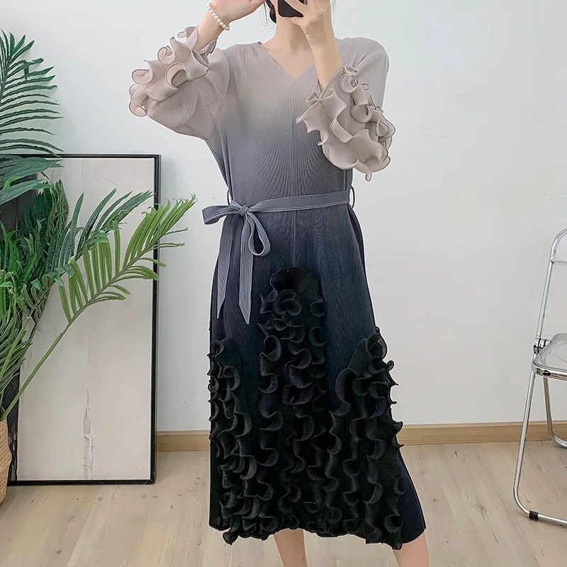 Women's V-neck A-line Midi Dress With Ruffle Pleated Design In 100% Polyester For Casual And Festival Wear