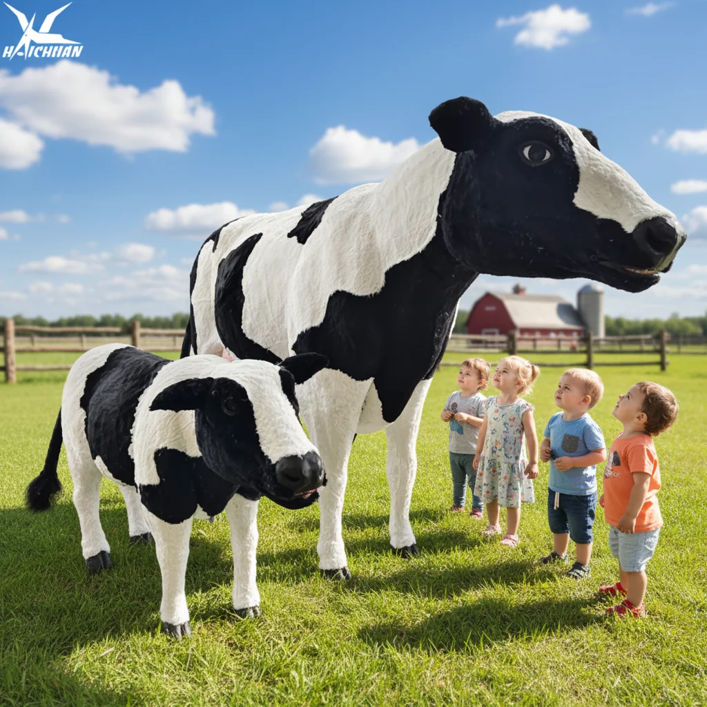 High Simulation Animatronic Cow and Calf Model Realistic Life Size Animal Statue with Fur for Farm Zoo Garden Park Decoration