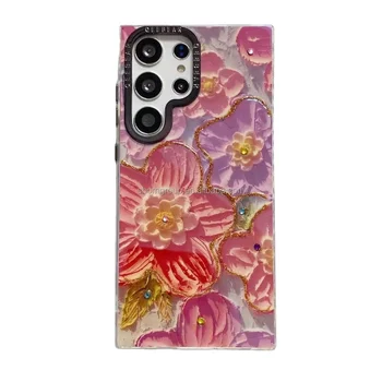 Painting Flower Rhinestone Phone Case for Samsung S22 S23 S24 Ultra Shockproof Phone Cover Bling Diamond Case