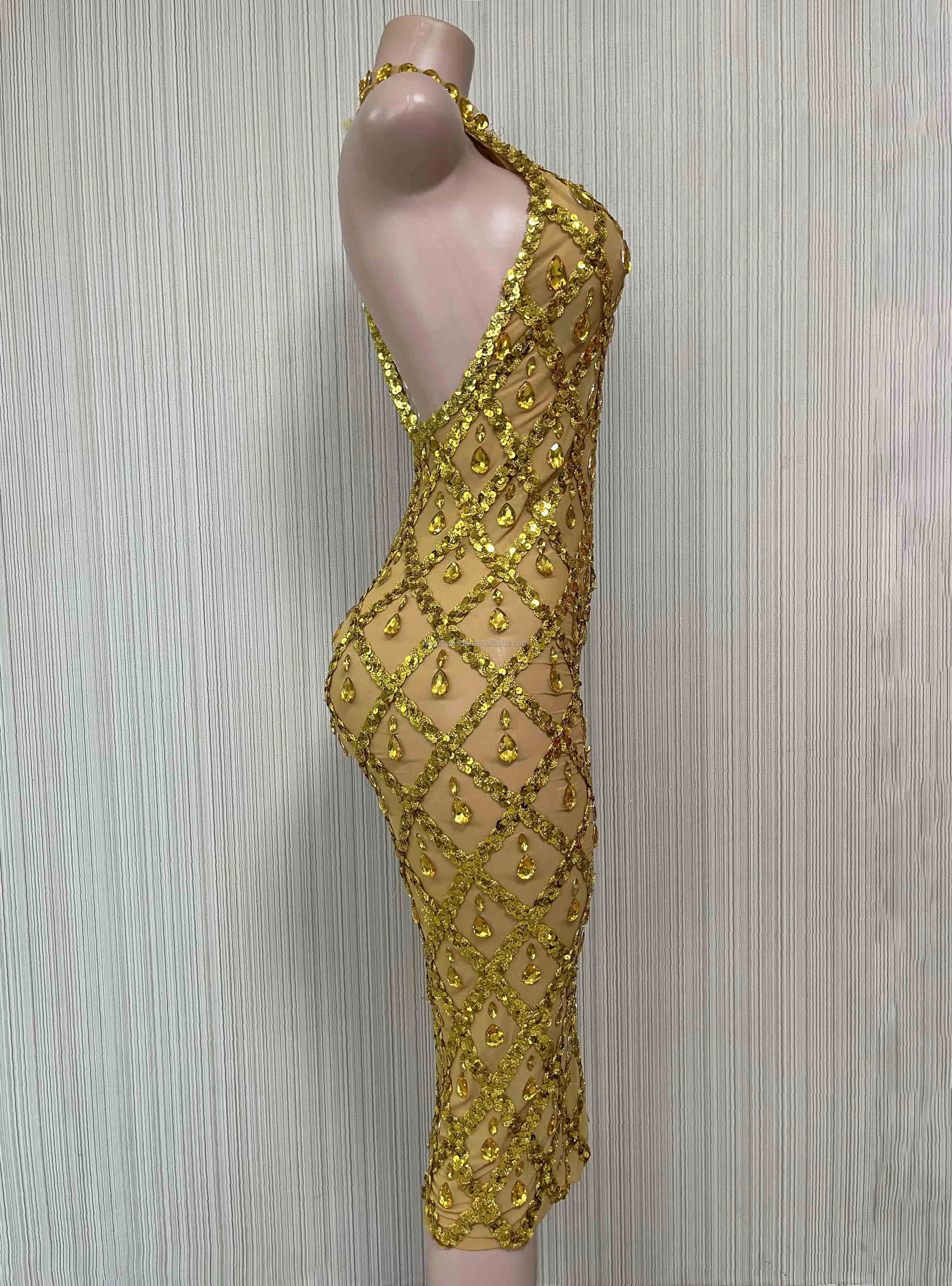 Gold Evening Dresses Women Lady Elegant Free Shipping Sexy Rhinestones  Birthday Girl Dress Beautiful Summer Night Club Dress
