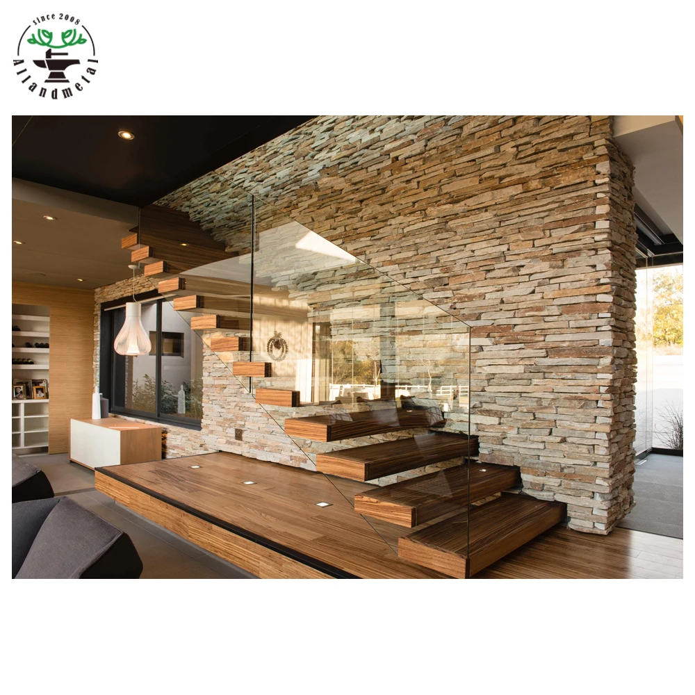 Big Landing Floating Stairs with Led Light White Oak Steps Standoff Glass Railing