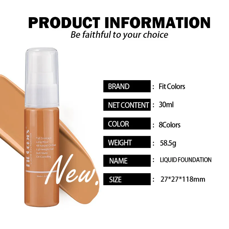 Fit Colors Full Coverage Liquid Foundation 30ml Matte Foundation Liquid Easy Apply Concealing Fair Medium Dark 8 Colors Optional