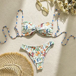 Floral Print Tie-Up Three-Piece Bikini Set for Women Adjustable Strings Beachwear for Summer Vacations