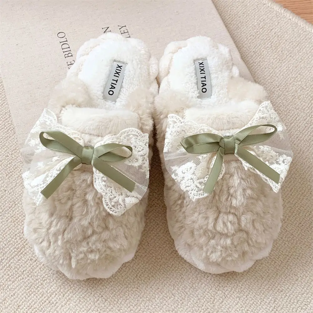 Sayoung Artificial Rabbit Fur Closed Toe Sweet Bow Lace slippers for Women Indoor Home  Flush Warm slippers
