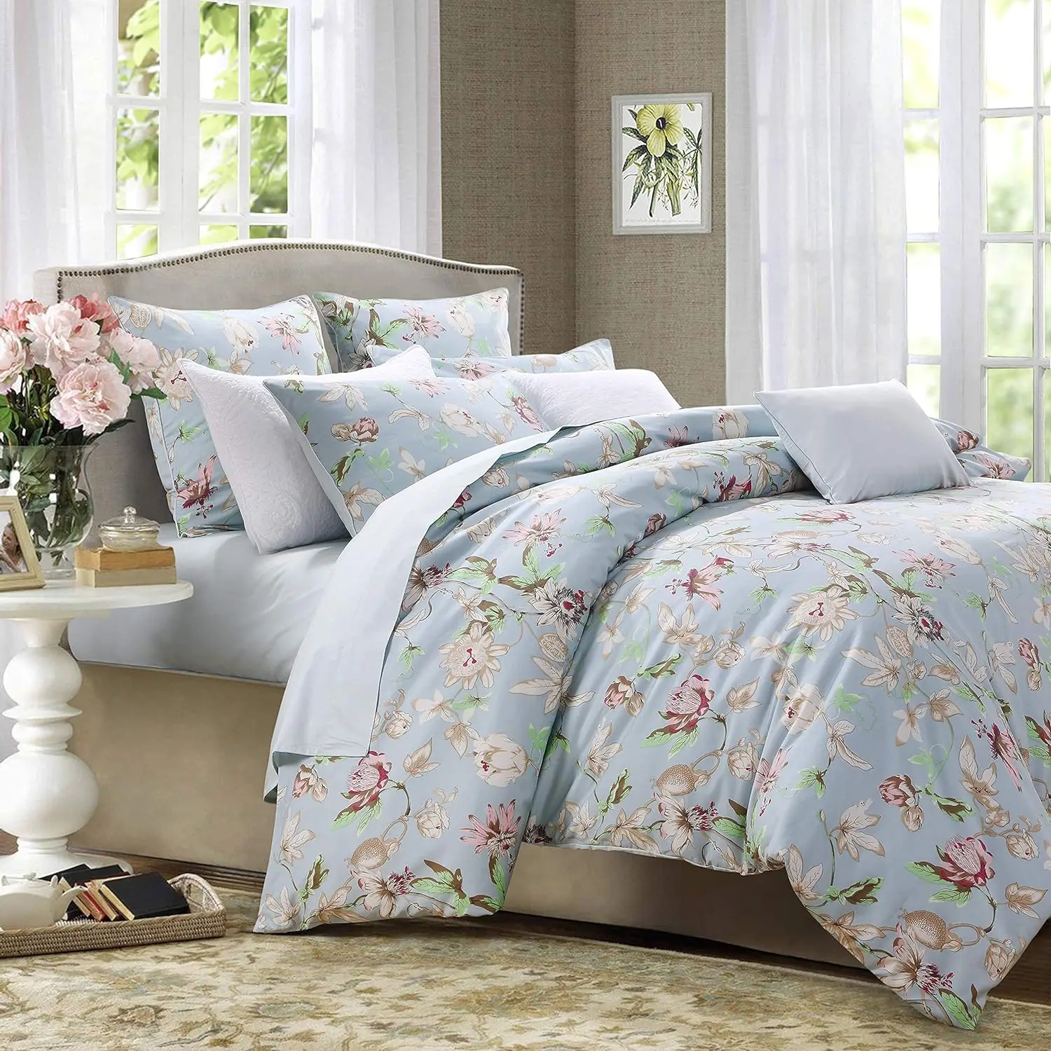 Duvet Cover Set Queen Size Blue Vintage Botanical Flower Printed Floral Girls Bedding Set 800TC Egyptian Cotton Sateen