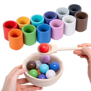 Hot Sale Baby Wood Bead Color Games Colorful Sorting Toys for Toddlers Rainbow Ball Sorting Cups Bowl Spoon 12 Color Pieces