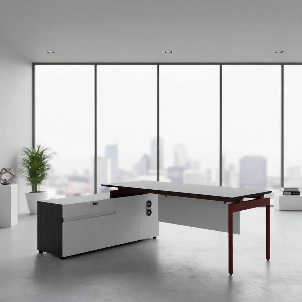 Mid-Level Foldable Office Desk Durable Wood Construction Aluminum Frame Cabinet Storage Space Modern Office Desk 4