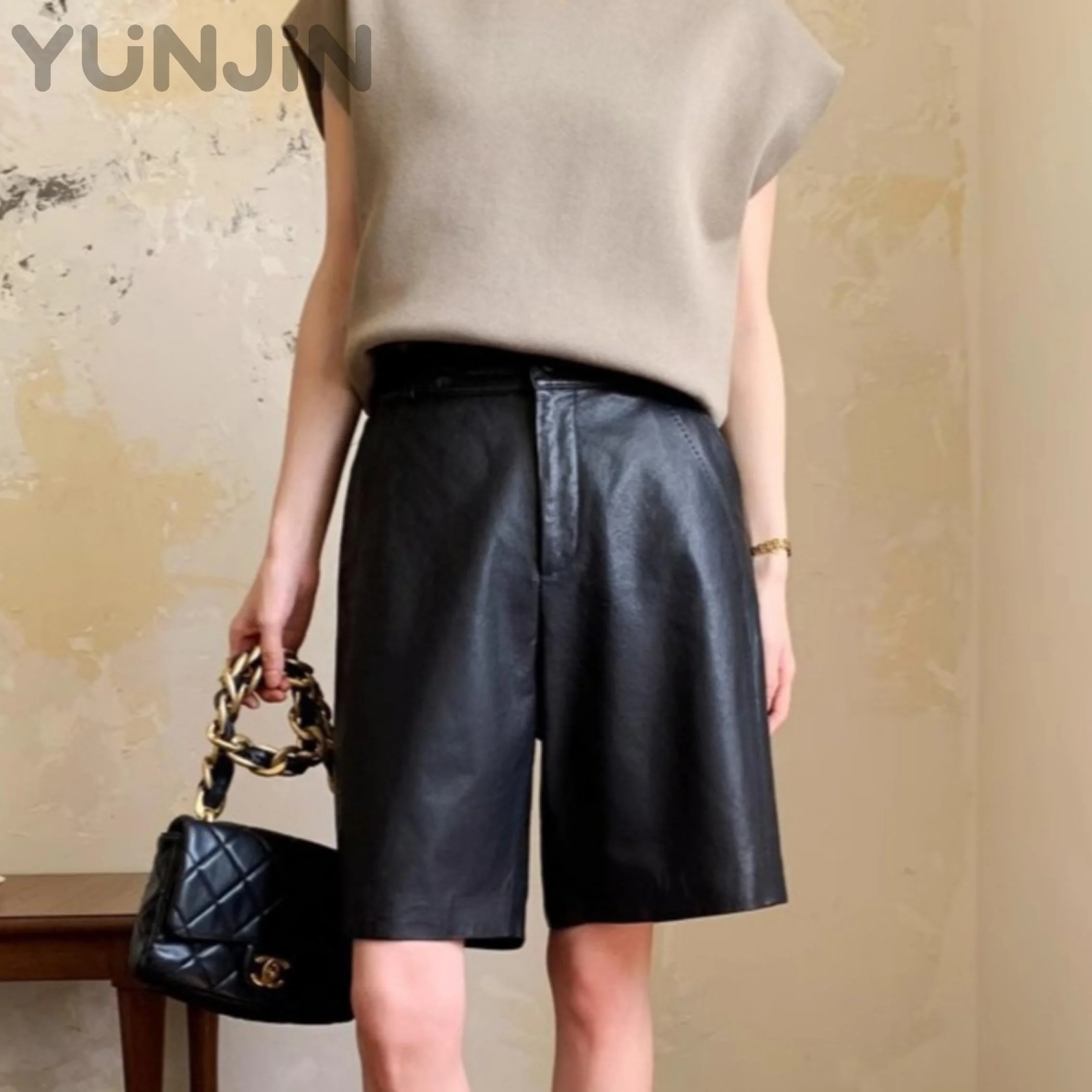 Vegetable Tanned Sheep Leather Pants Women High Waist