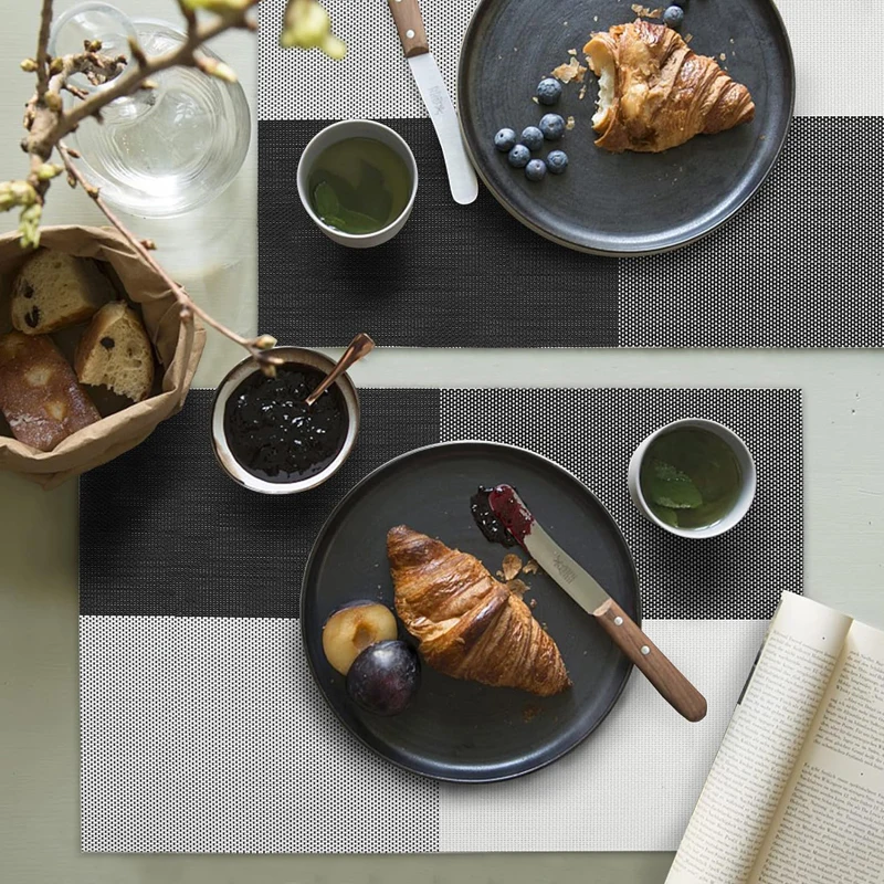 Starunk Black And White Grid Placemats Washable Vinyl Woven Table Mats