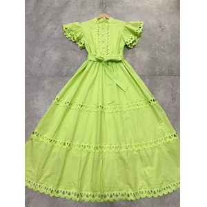 Factory Wholesale Runway Fashion Party Midi Dress Women Spring Summer Ruffles Hollow Out Flying Sleeve Elegant Midi Female