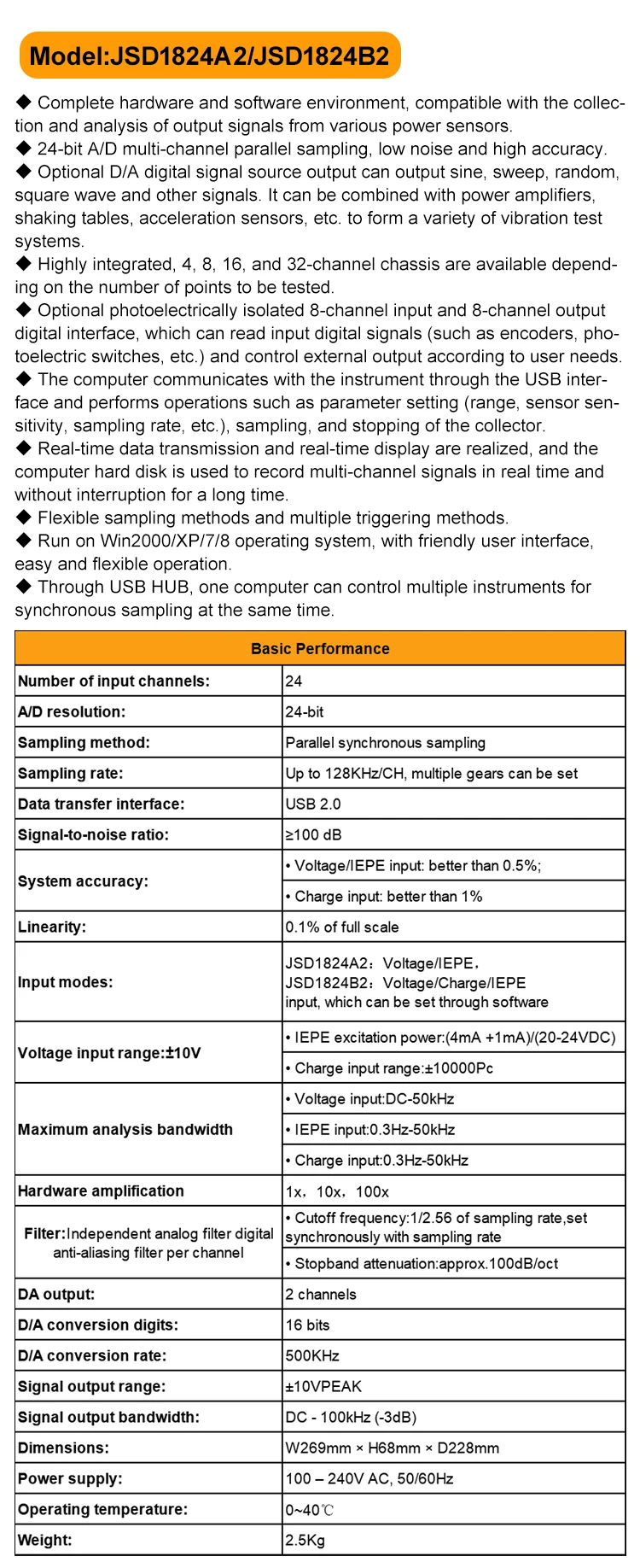 JSD1824A2 Dynamic Signal Analyzer Voltage IEPE Data Collector Vibration Amplitude 24 Channels factory