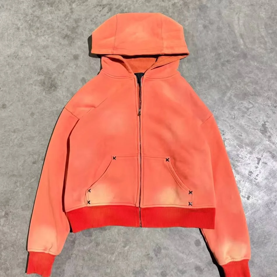 Custom Acid Washed Zipper-Up Hoodie Men 100% Cotton French Terry Oversized Fit Embroidery Patchwork Print Sunfaded Drop Shoulder gallery 3