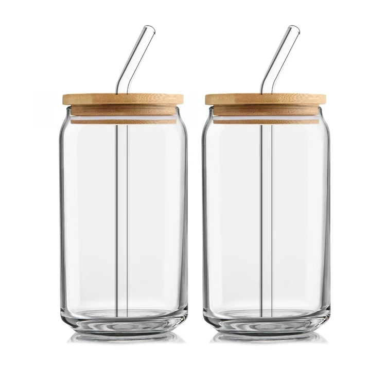 Glass Cups With Bamboo Lids And Glass Straws, 16Oz Drinking