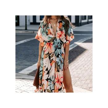 Factory direct sales support custom women's clothing new sexy high waisted fashionable printed split dress for women