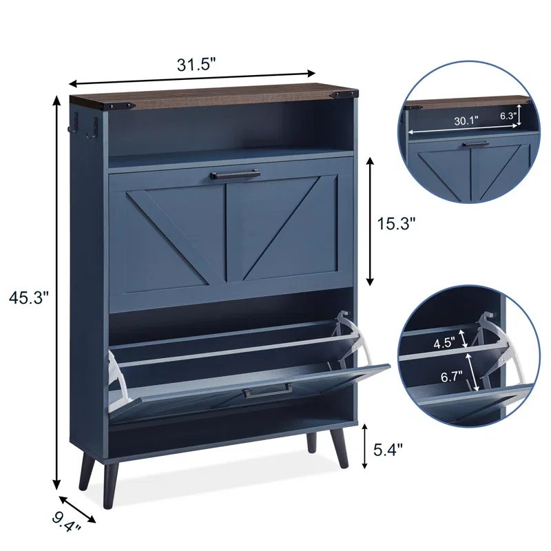 Shoe Cabinet Storage for Entryway,2 Flip Drawers,2 Tier Blue Shoe Cabinet Freestanding Wood Shoe Rack for Entryway