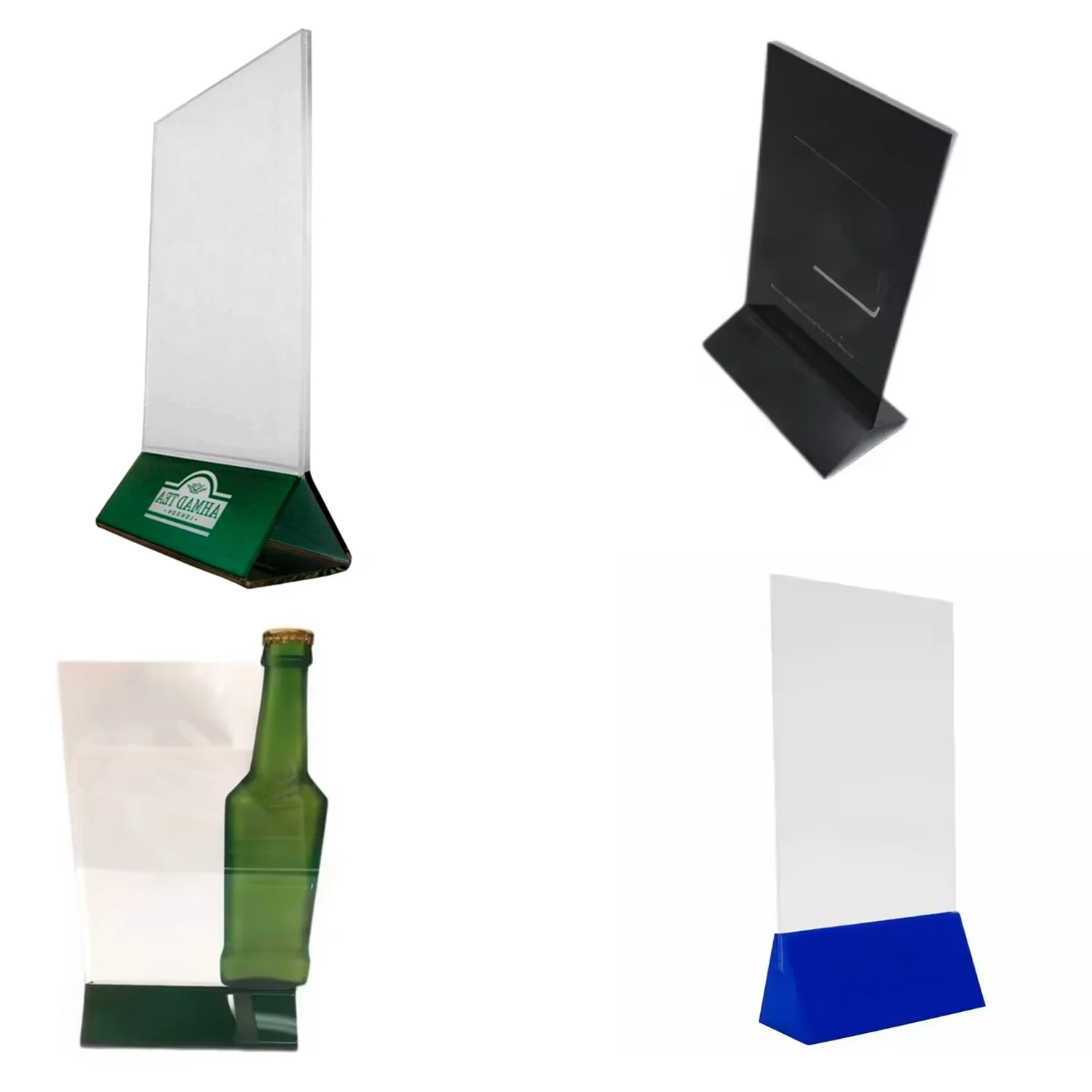 Professional custom-made A4A5A6 plastic acrylic menu holders for dining tables, featuring customized designs and L/T-shaped plastic bases.