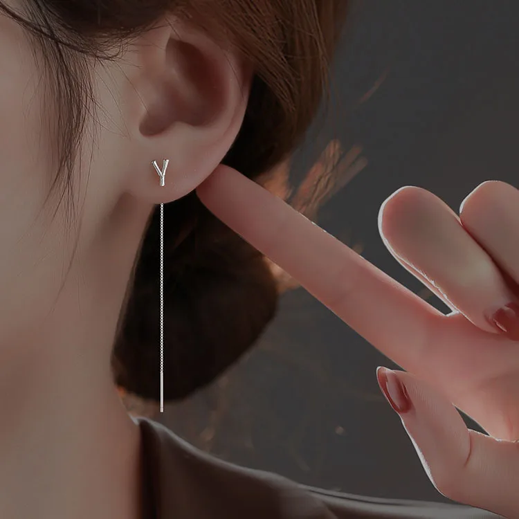 Simple Letter Long Wire Tassel Threader Chain 925 Silver Plated Alphabet Dangle Earrings Women Straight Hanging Earrings Jewelry