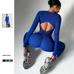 Wholesale Fitness Threaded Long-sleeved One-piece Yoga Suit Butt Lift Leggings Jumpsuits Womens Bodysuit Gym Sets